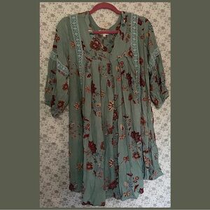 Blue and Pink V-Neck Mini Dress with 3/4 Sleeves and Pleated Details